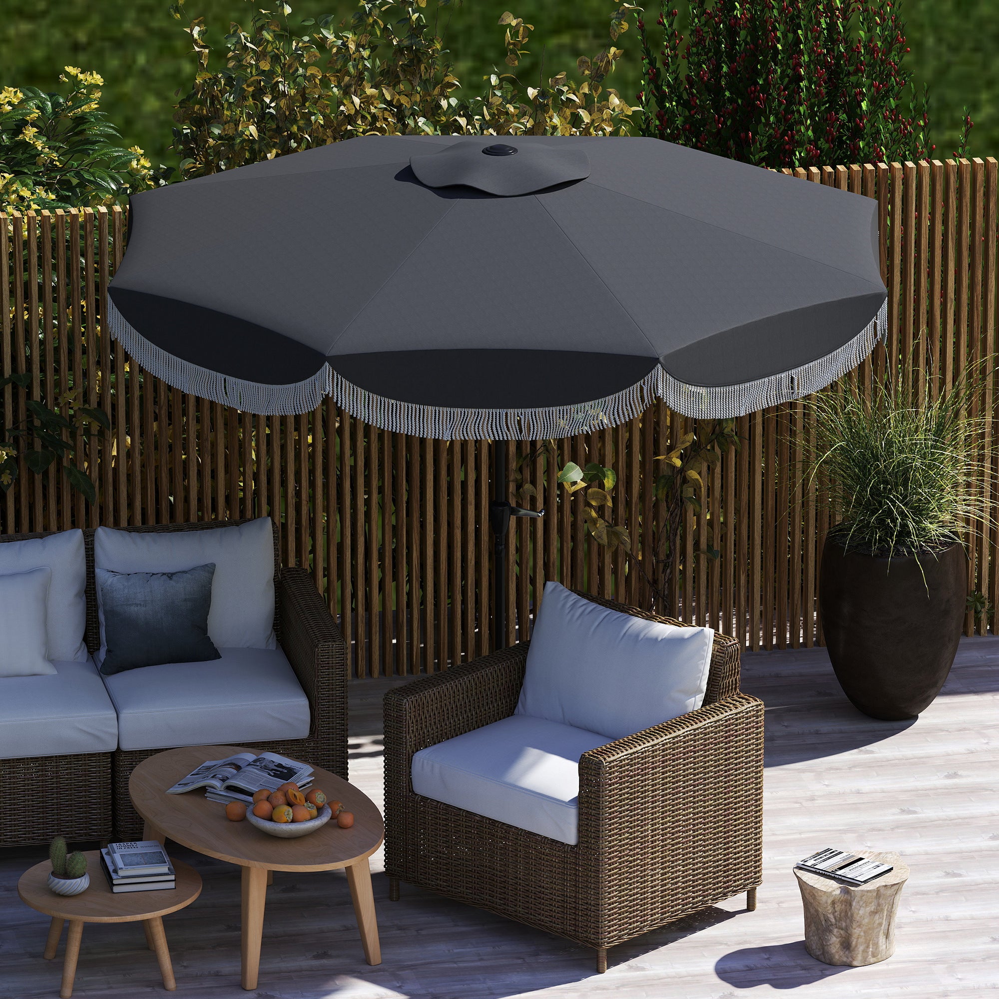 9 ft patio outdoor umbrella market garden umbrella Outsunny Tassel Decorative Deck Shade Umbrella, 9FT Premium Portable Rain Umbrella with Crank Handle, Ideal for Outside