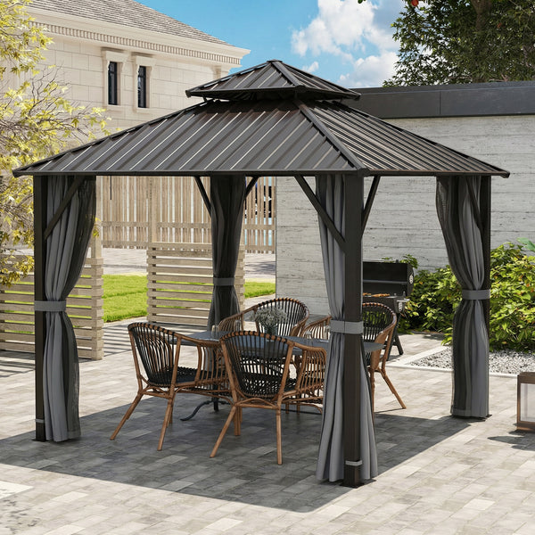 3 x 3(m) Hardtop Gazebo Canopy with Double Metal Roof, Waterproof Permanent Pavilion Garden Gazebo with Netting and Curtains, Easy to Assemble, Grey