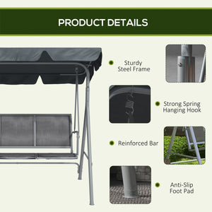 3 Seater Swing Chair, Garden Swing Bench with Adjustable Tilting Canopy, Breathable Mesh Seat and Heavy Duty Metal Frame for Patio, Garden, Dark Grey