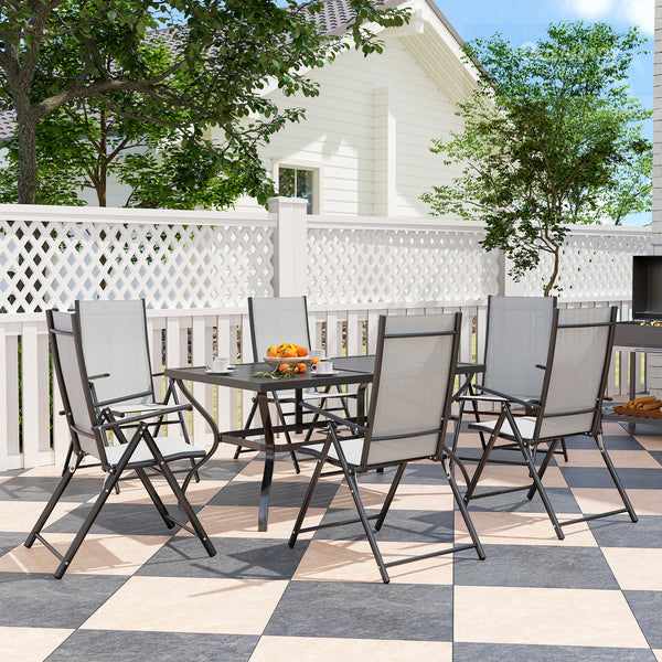 7 Pieces Garden Dining Set, 6 Seater Garden Furniture Set with Parasol Hole, Outdoor Dining Set with High Back Folding Chairs and Square Metal Top Table for Outdoor Patio, Grey