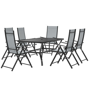 7 Pieces Garden Dining Set, 6 Seater Garden Furniture Set with Parasol Hole, Outdoor Dining Set with High Back Folding Chairs and Square Metal Top Table for Outdoor Patio, Grey