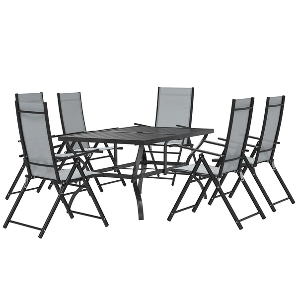 7 Pieces Garden Dining Set, 6 Seater Garden Furniture Set with Parasol Hole, Outdoor Dining Set with High Back Folding Chairs and Square Metal Top Table for Outdoor Patio, Grey