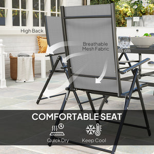 7 Pieces Garden Dining Set, 6 Seater Garden Furniture Set with Parasol Hole, Outdoor Dining Set with High Back Folding Chairs and Square Metal Top Table for Outdoor Patio, Grey