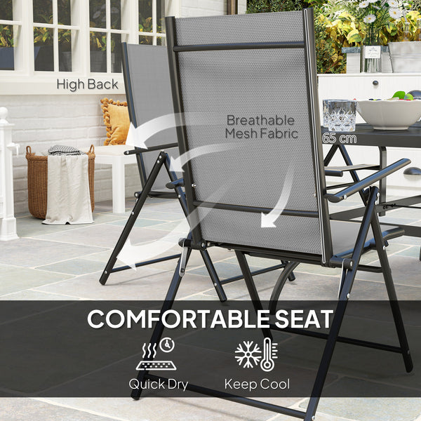 7 Pieces Garden Dining Set, 6 Seater Garden Furniture Set with Parasol Hole, Outdoor Dining Set with High Back Folding Chairs and Square Metal Top Table for Outdoor Patio, Grey