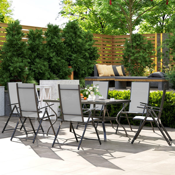 7 Pieces Garden Dining Set, 6 Seater Garden Furniture Set with Parasol Hole, Outdoor Dining Set with High Back Folding Chairs and Square Metal Top Table for Outdoor Patio, Grey