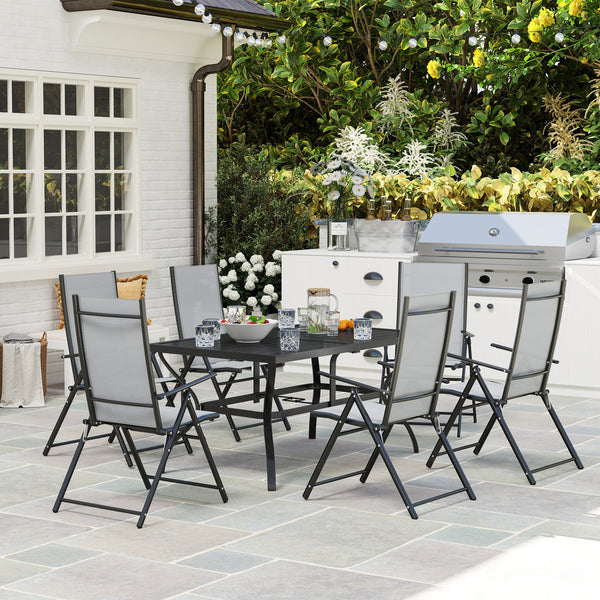 7 Pieces Garden Dining Set, 6 Seater Garden Furniture Set with Parasol Hole, Outdoor Dining Set with High Back Folding Chairs and Square Metal Top Table for Outdoor Patio, Grey