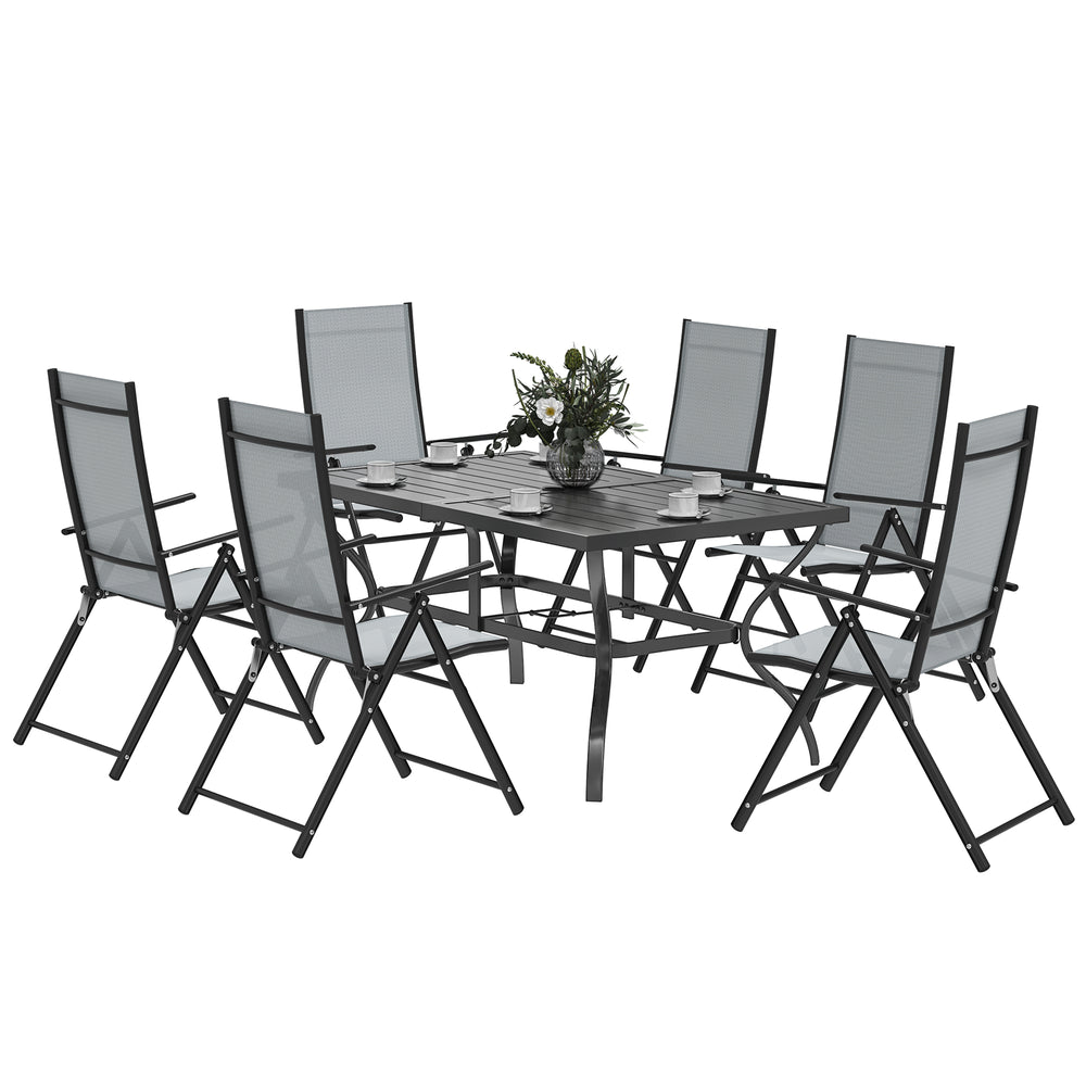 7 Pieces Garden Dining Set, 6 Seater Garden Furniture Set with Parasol Hole, Outdoor Dining Set with High Back Folding Chairs and Square Metal Top Table for Outdoor Patio, Grey