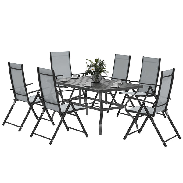 7 Pieces Garden Dining Set, 6 Seater Garden Furniture Set with Parasol Hole, Outdoor Dining Set with High Back Folding Chairs and Square Metal Top Table for Outdoor Patio, Grey