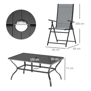7 Pieces Garden Dining Set, 6 Seater Garden Furniture Set with Parasol Hole, Outdoor Dining Set with High Back Folding Chairs and Square Metal Top Table for Outdoor Patio, Grey