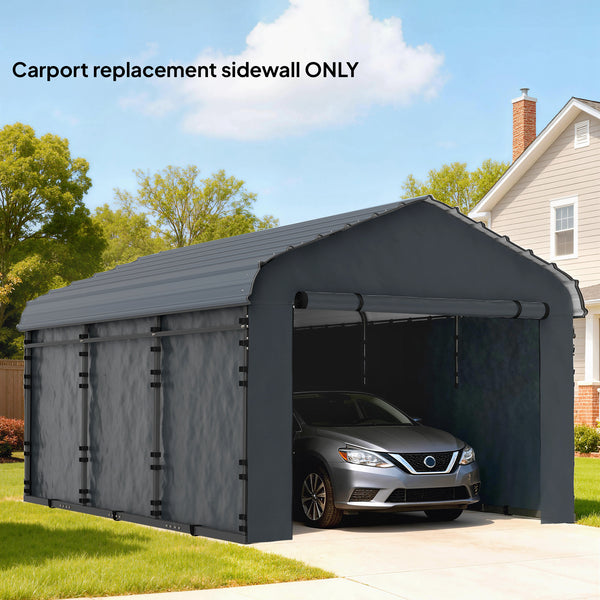 Carport Replacement Canopy Cover Sidewalls for 12' x 20' Carport, UPF50+ Waterproof PE Garage Car Tent Shelter Tarp with Roll up Door, Sidewall ONLY, Dark Grey