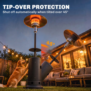 Gas Patio Heater with Table Tray, 13 kW Portable Propane Outdoor Heater with Stepless Heat Control, Piezo Ignition, Tip-over Protection, 2 Wheels for Garden, Brown