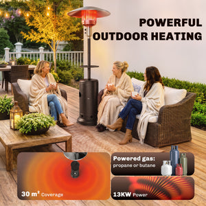 Gas Patio Heater with Table Tray, 13 kW Portable Propane Outdoor Heater with Stepless Heat Control, Piezo Ignition, Tip-over Protection, 2 Wheels for Garden, Brown