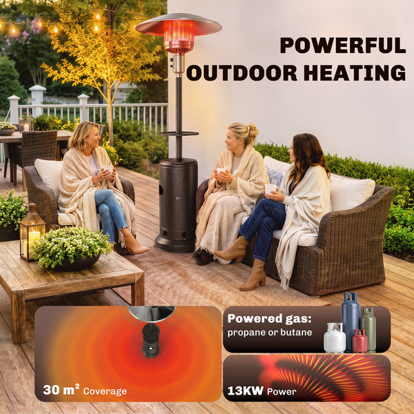 Gas Patio Heater with Table Tray, 13 kW Portable Propane Outdoor Heater with Stepless Heat Control, Piezo Ignition, Tip-over Protection, 2 Wheels for Garden, Brown