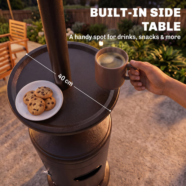Gas Patio Heater with Table Tray, 13 kW Portable Propane Outdoor Heater with Stepless Heat Control, Piezo Ignition, Tip-over Protection, 2 Wheels for Garden, Brown