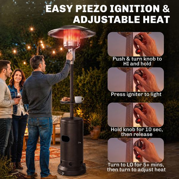 Gas Patio Heater with Table Tray, 13 kW Portable Propane Outdoor Heater with Stepless Heat Control, Piezo Ignition, Tip-over Protection, 2 Wheels for Garden, Brown
