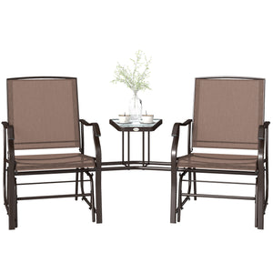 Double Patio Glider Chair with Glass Top Center Table, Outdoor Glider Loveseat with High Back,  All Weather Breathable Mesh Fabric for Garden, Backyard, Deck, Brown