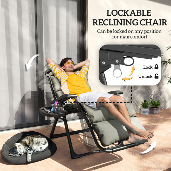 Reclining Zero Gravity Chair with Adjustable Backrest, Folding Garden Sun Lounger with Removable Cushion, Headrest Cup Phone Holder Tray, Set of 2, Grey