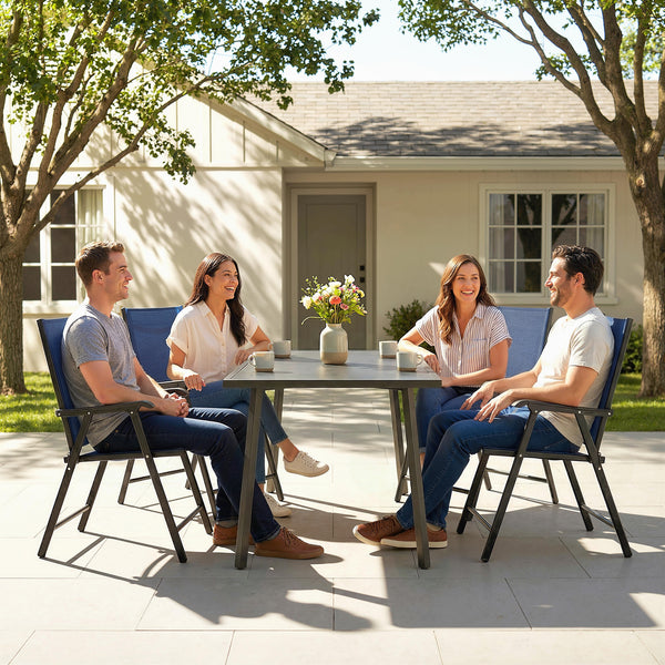 Folding Garden Chairs Set of 4, Foldable Garden Dining Chairs with High Back and Armrests, Breathable Texteline Folding Outdoor Chair Set with Metal Frame for Patio, Balcony, Navy Blue