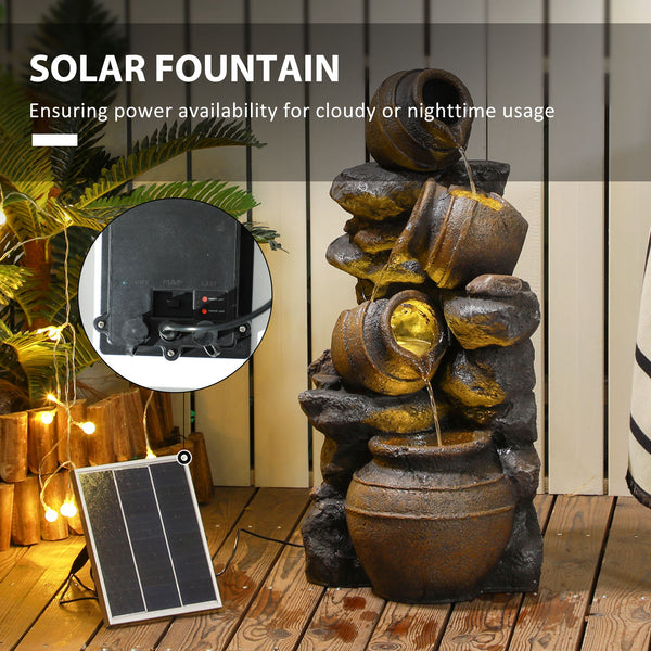 28.3" Tall Solar Powered Outdoor Water Fountain, 4-Tier Floor Standing Resin Cascading Jars and Stacked Stones Waterfall Fountain with LED Lights and Pump for Garden, Patio, Backyard