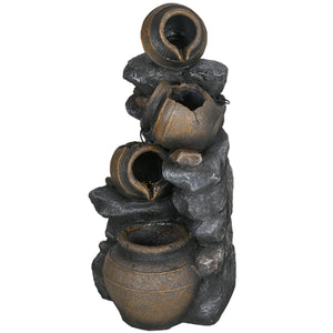 28.3" Tall Solar Powered Outdoor Water Fountain, 4-Tier Floor Standing Resin Cascading Jars and Stacked Stones Waterfall Fountain with LED Lights and Pump for Garden, Patio, Backyard