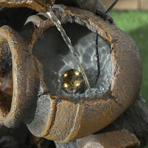 28.3" Tall Solar Powered Outdoor Water Fountain, 4-Tier Floor Standing Resin Cascading Jars and Stacked Stones Waterfall Fountain with LED Lights and Pump for Garden, Patio, Backyard