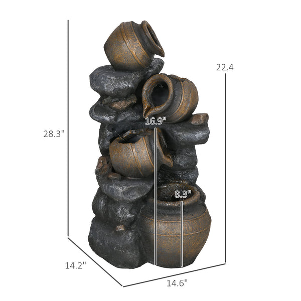 28.3" Tall Solar Powered Outdoor Water Fountain, 4-Tier Floor Standing Resin Cascading Jars and Stacked Stones Waterfall Fountain with LED Lights and Pump for Garden, Patio, Backyard