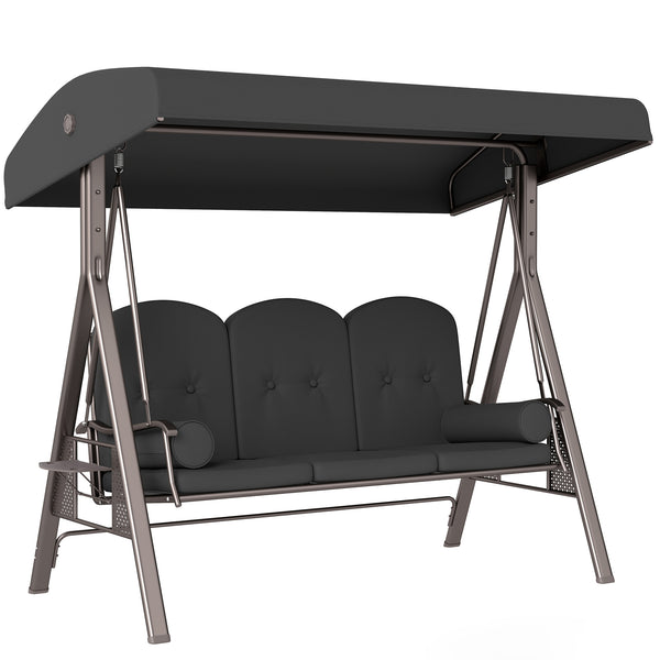 3 Seater Canopy Swing Chair, Outdoor Garden Swing Seat with Adjustable Canopy, Cushions and Cup Trays, Steel Frame, Dark Grey