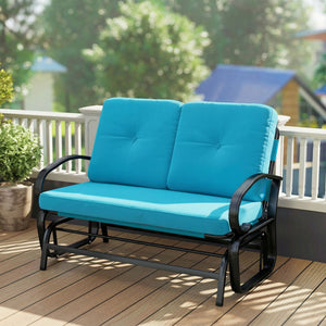 Outdoor Glider Bench, 2-Person Patio Rocker Loveseat with Tufted Cushions, Steel Frame for Porch, Garden Backyard, Blue