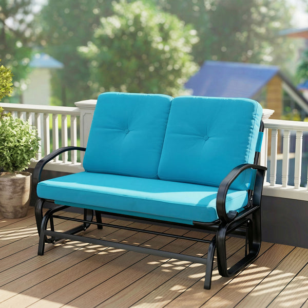 Outdoor Glider Bench, 2-Person Patio Rocker Loveseat with Tufted Cushions, Steel Frame for Porch, Garden Backyard, Blue