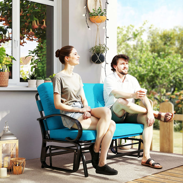 Outdoor Glider Bench, 2-Person Patio Rocker Loveseat with Tufted Cushions, Steel Frame for Porch, Garden Backyard, Blue