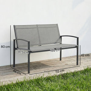 Metal Garden Bench, 2 Seater Outdoor Furniture Seating with Breathable Texteline Fabric, Curved Armrest, Park Patio Seat for Porch, Balcony, Grey