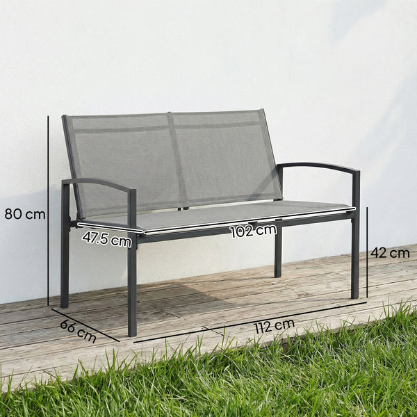Metal Garden Bench, 2 Seater Outdoor Furniture Seating with Breathable Texteline Fabric, Curved Armrest, Park Patio Seat for Porch, Balcony, Grey