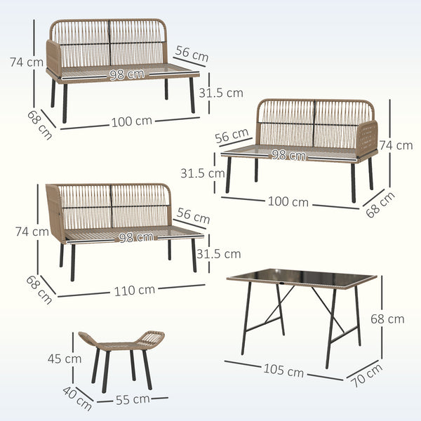 6 Piece Rattan Garden Furniture Set, 8 Seater Garden Corner Sofa with Cushions and Glass Top Table, Sectional Outdoor Furniture Conservatory Set for Patio, Cream White