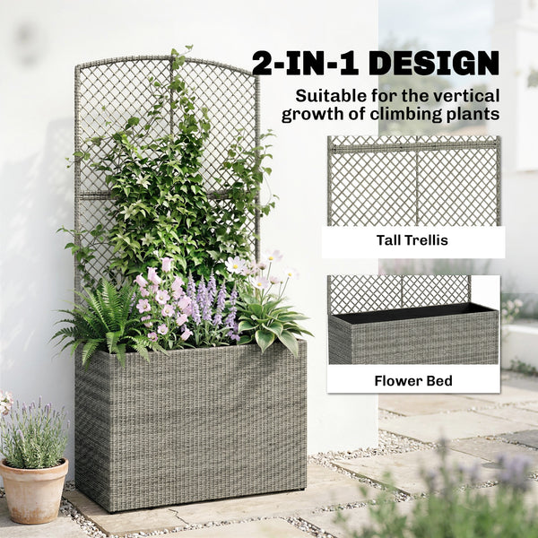 Garden Planter with Trellis, Rattan Raised Beds for Garden with Liner, Freestanding Outdoor Planter Box for Climbing Plants, Herbs, Vegetables, Flowers, 80 x 30 x 163 cm, Dark Grey