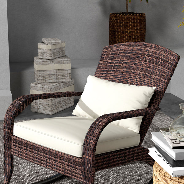 Outdoor Wicker Adirondack Rocking Chair, Patio Rattan Rocker Chair with High Back, Seat Cushion and Pillow for Garden, Porch, Balcony, Cream White/Brown