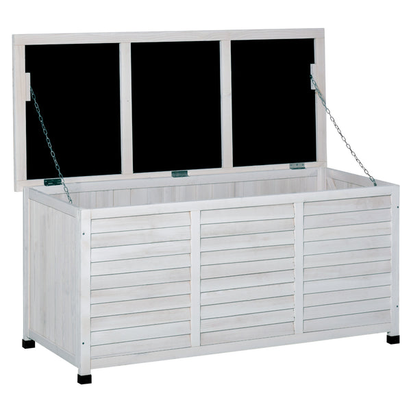 75 Gallon Wooden Storage Box patio Deck Box Bench, Garden Backyard Outdoor Storage Container with Aerating Gap & Weather-Fighting Finish, White