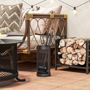 Fireplace Tools Set 5 Pieces Metal Fire Place Kit, Outdoor Indoor Fireside Accessories with Brush, Shovel, Poker, A Pair of Tongs, Mesh Basket, Black