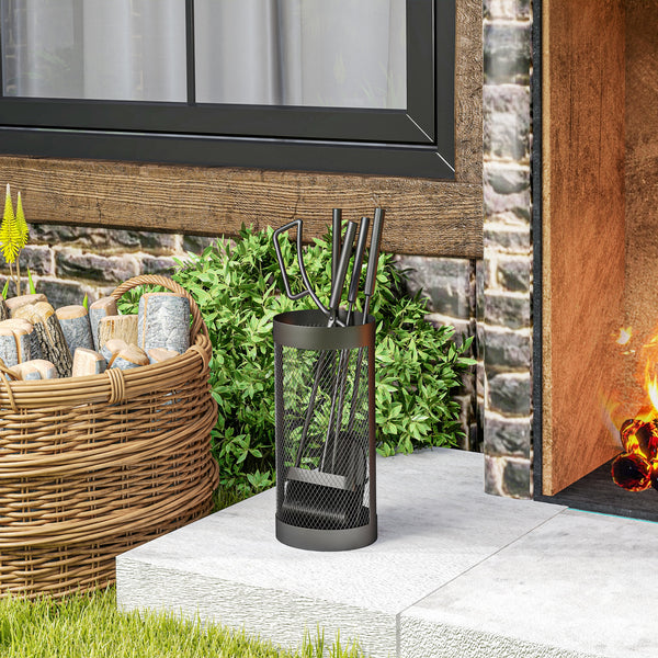 Fireplace Tools Set 5 Pieces Metal Fire Place Kit, Outdoor Indoor Fireside Accessories with Brush, Shovel, Poker, A Pair of Tongs, Mesh Basket, Black