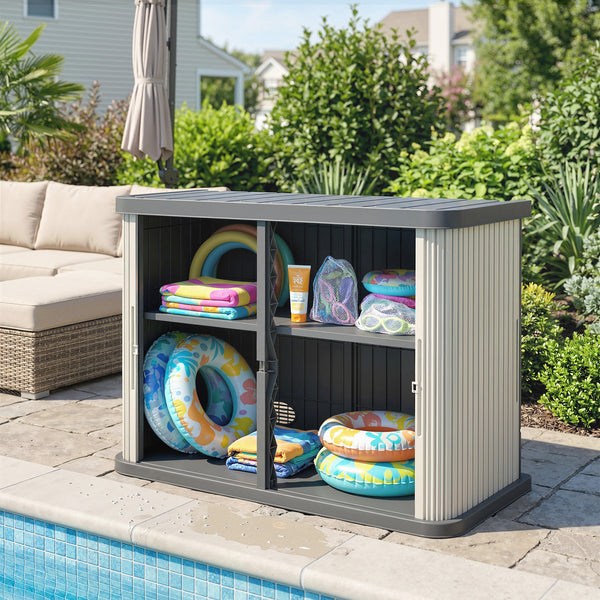 127 Gallon Outdoor Storage Box, Plastic Deck Box, Splash-Resistant & UV Resistant Garden Storage Container for Patio, Porch, Poolside, Light Brown