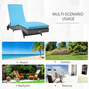 Wicker Chaise Lounge, Outdoor Lounge Chair, 5-Level Adjustable Backrest S-Shape Rattan Lounger with Cushion & Wheels for Patio, Deck, Poolside, Sky Blue