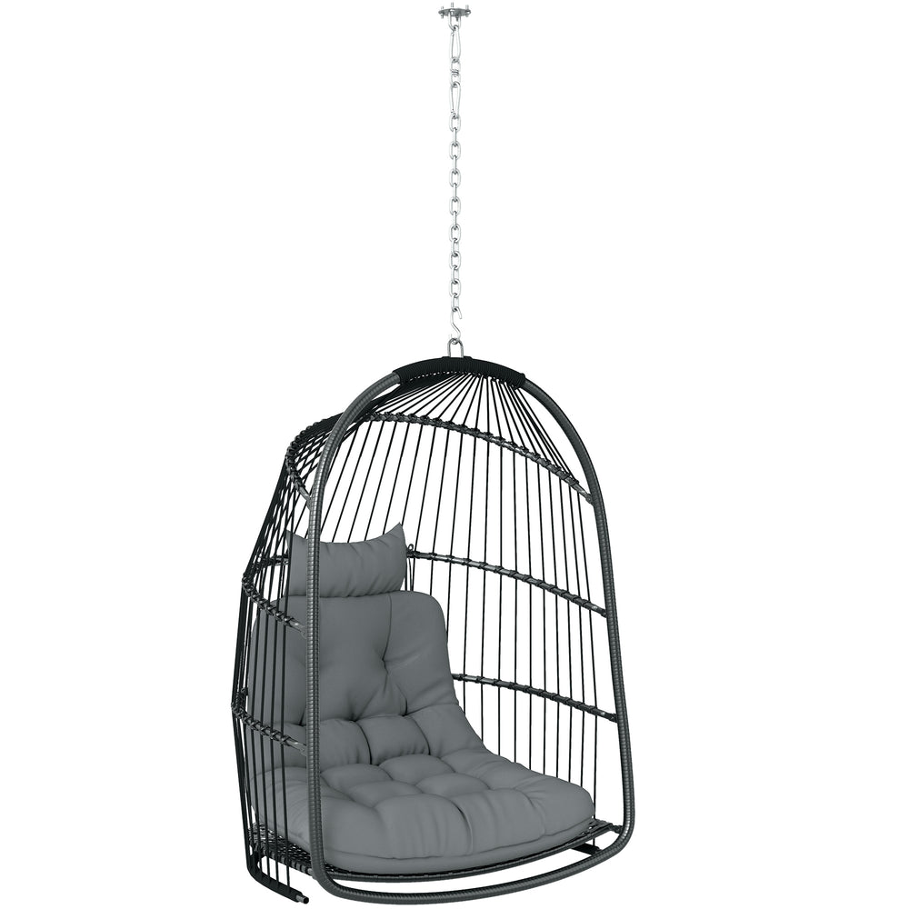 Hanging Egg Chair, Foldable Rattan Garden Swing Chair with Installation Kit, Thickened Cushion and Headrest, Indoor Outdoor Hanging Egg Basket Seat for Patio, Porch, Dark Grey