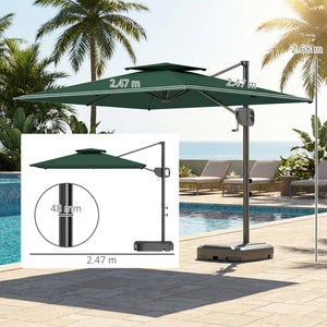 2.5m Garden Cantilever Parasol with Fillable Base, Up to 45kg, Double Top Garden Parasol, Square Overhanging Patio Umbrella with Crank Handle and Tilt for Outdoor Sun Shade, Dark Green