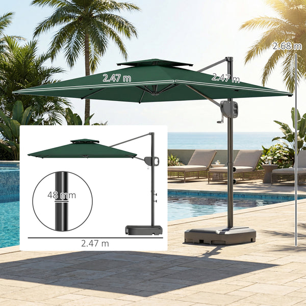 2.5m Garden Cantilever Parasol with Fillable Base, Up to 45kg, Double Top Garden Parasol, Square Overhanging Patio Umbrella with Crank Handle and Tilt for Outdoor Sun Shade, Dark Green