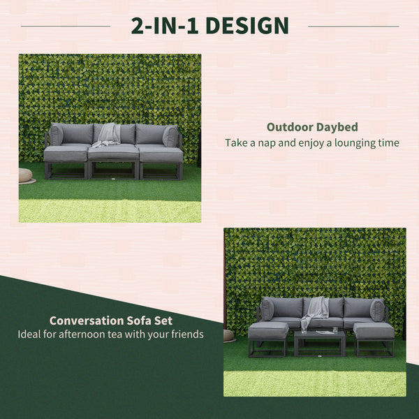 6 Pieces Outdoor Patio Furniture Set, Space-Saving Aluminum Outdoor Daybed, Thickened Cushions, Outdoor Sectional Conversation Set with Coffee Table, Footstools, Grey