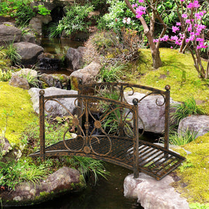 3.3FT Metal Arch Zen Garden Bridge with Safety Siderails, Decorative Footbridge, Delicate Floral Scrollwork for Stream, Fish Pond, Brown