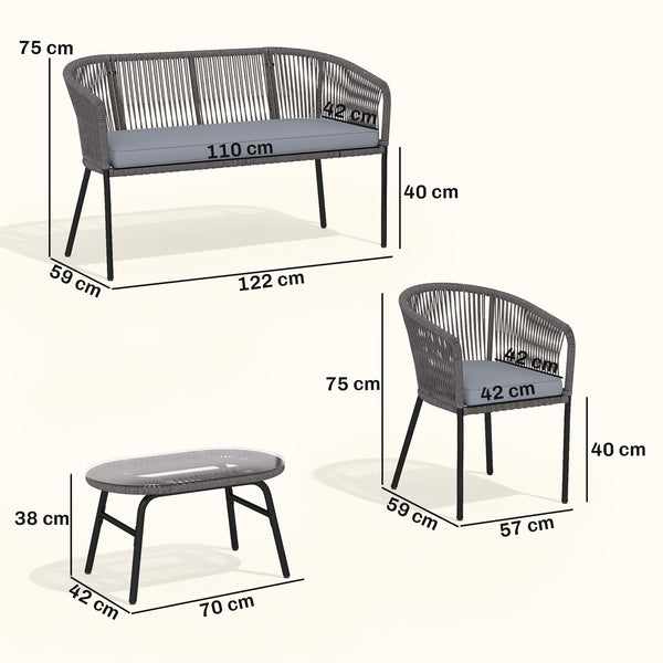 4 Piece Garden Furniture Set, Rope Woven Garden Sofa Set with 1 Loveseat, 2 Armchairs, Tempered Glass Coffee Table, Outdoor Conversation Furniture with Cushions for Patio, Dark Grey