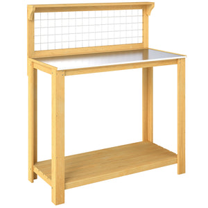 Wooden Potting Bench Table with Aluminium Worktop, Outdoor Garden Workbench with 2 Shelves and Grid Design for DIY, Planting Work Station for Patio, Yard, Balcony, 100 x 48 x 119 cm, Yellow