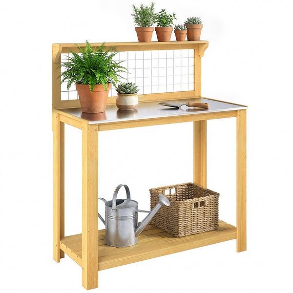 Wooden Potting Bench Table with Aluminium Worktop, Outdoor Garden Workbench with 2 Shelves and Grid Design for DIY, Planting Work Station for Patio, Yard, Balcony, 100 x 48 x 119 cm, Yellow