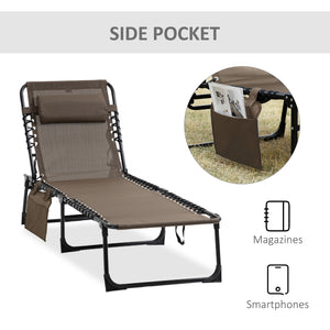 Folding Lounge Chair, Reclining Tanning Chair, Portable Sun Lounger with Adjustable Backrest and Removable Pillow for Patio, Garden, Beach, Brown