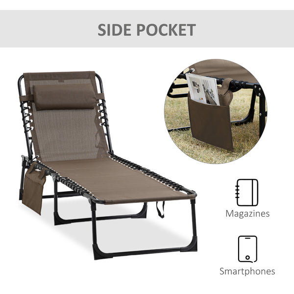 Folding Lounge Chair, Reclining Tanning Chair, Portable Sun Lounger with Adjustable Backrest and Removable Pillow for Patio, Garden, Beach, Brown
